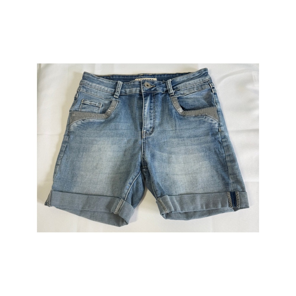 Lexxury Womens Denim Burmuda Shorts Size 8 Sequin Star Embellished Cuffed Casual